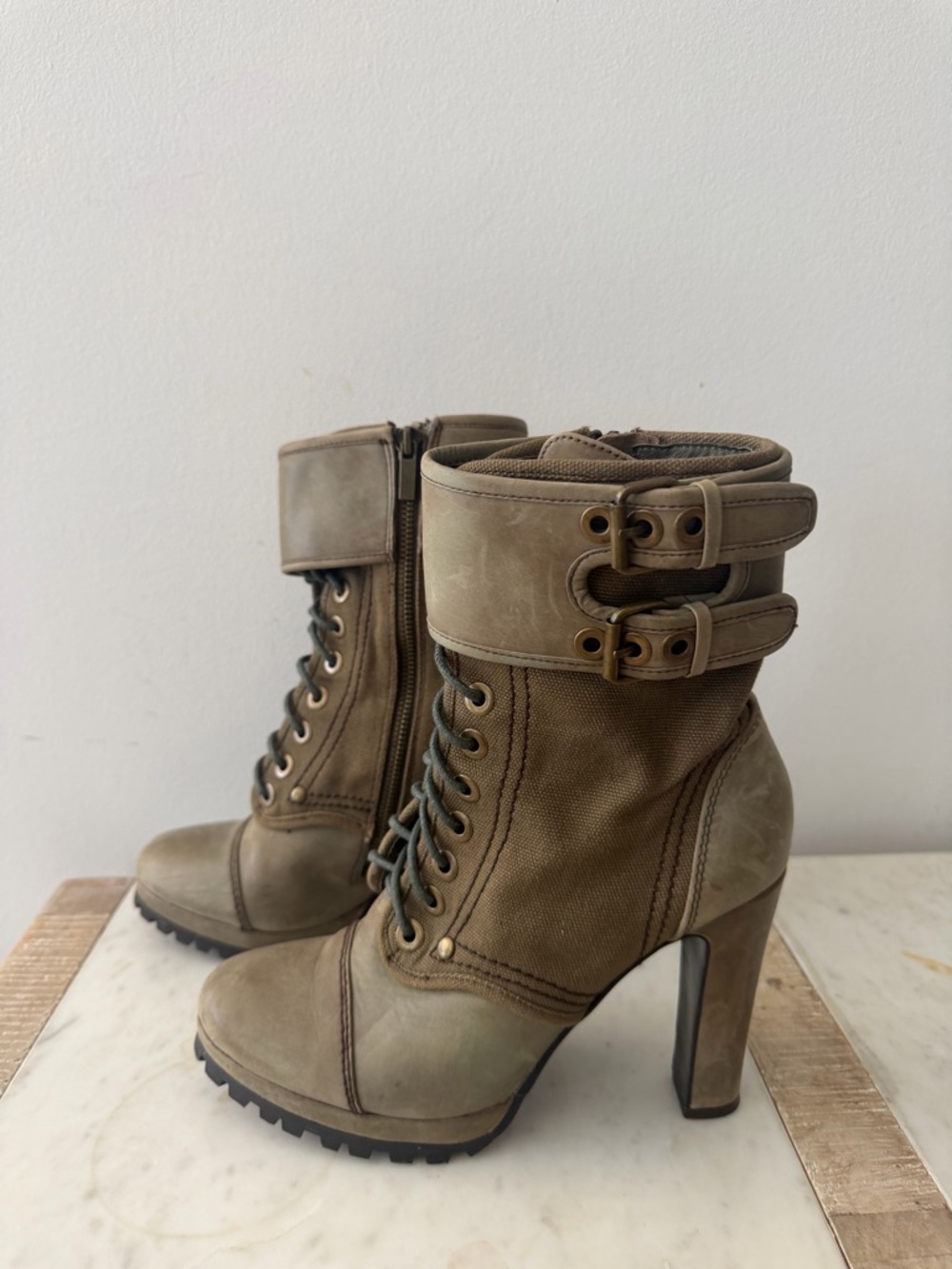 Dolce Vita Olive Taupe Lace-Up Buckle Heeled Ankle Boots